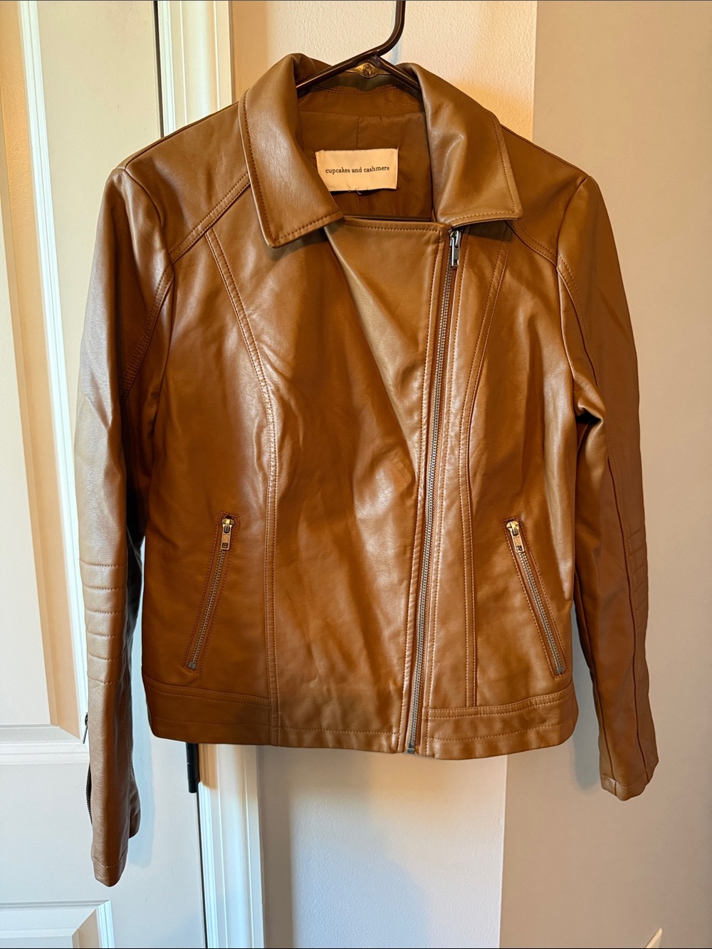 cupcakes & cashmere Cognac Leather Moto Jacket